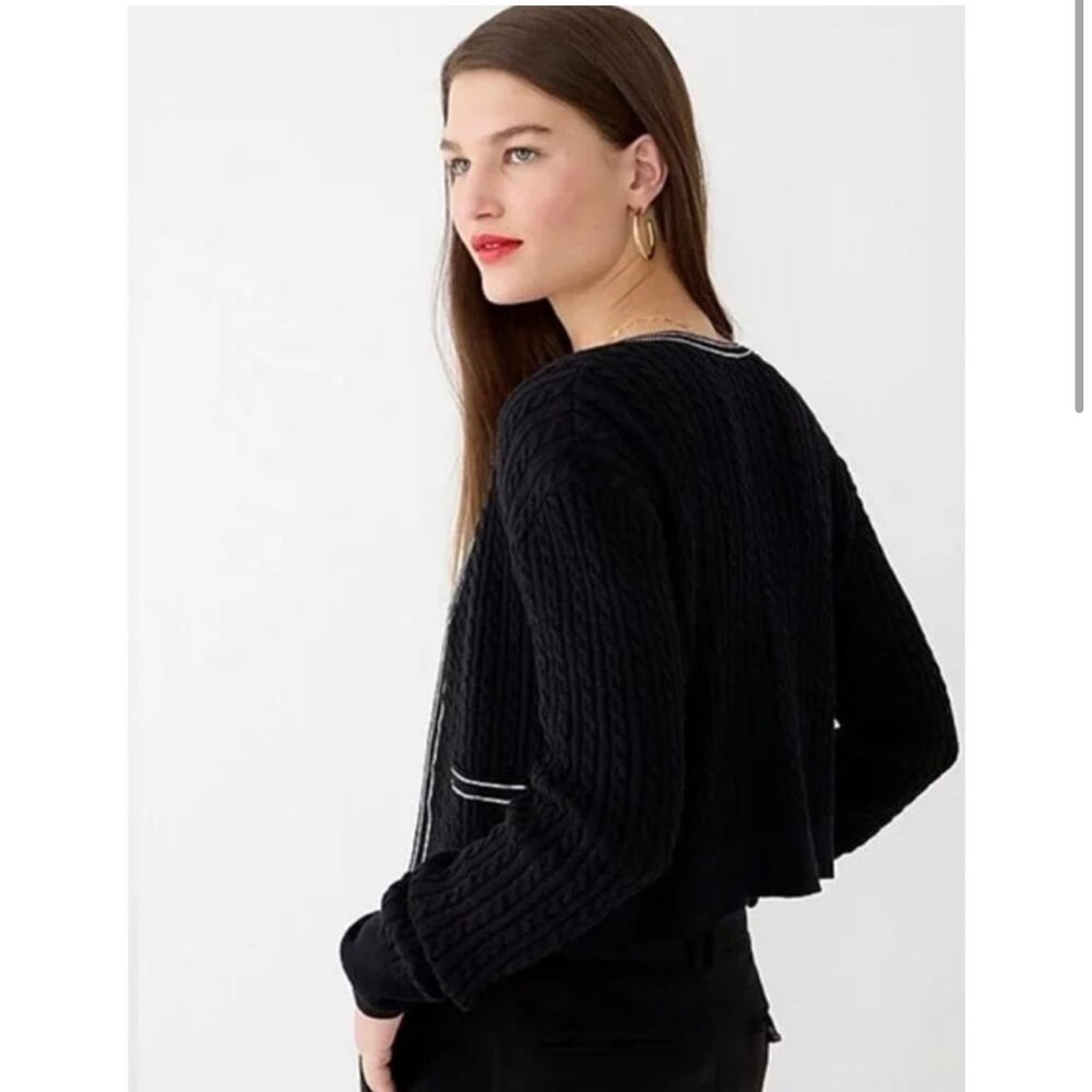 J.Crew Cropped Cable Knit Cardigan Tipped Black with h White Trim Sweater - Picture 3 of 10